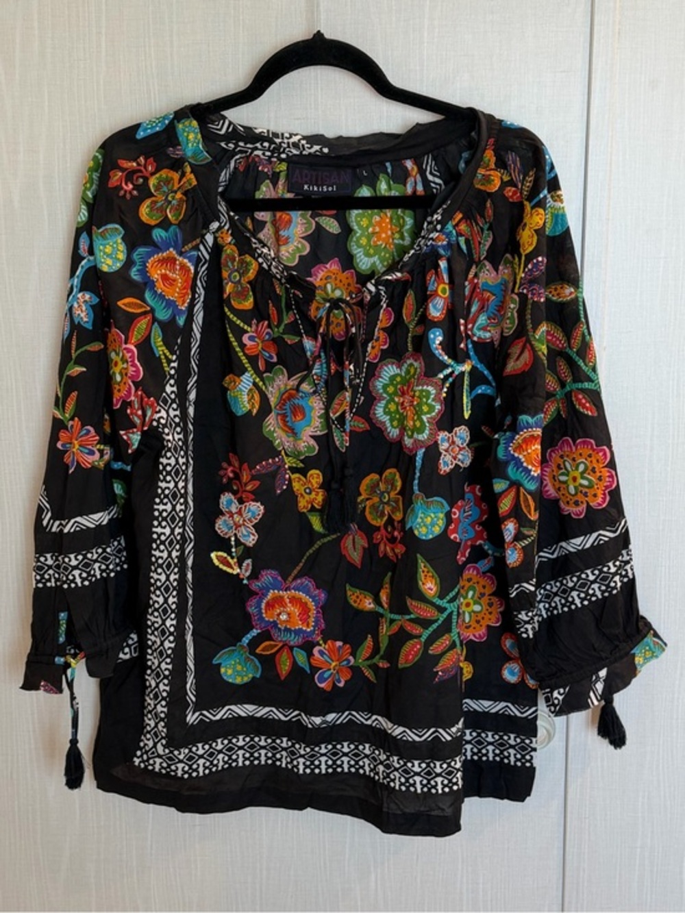 Kikisol Artisan Floral Lightweight Sz L Top Cotton Tassels Pheasant Boho
